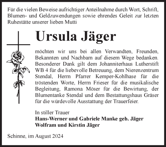 Traueranzeige von Ursula Jäger von Volksstimme Altmark Ost