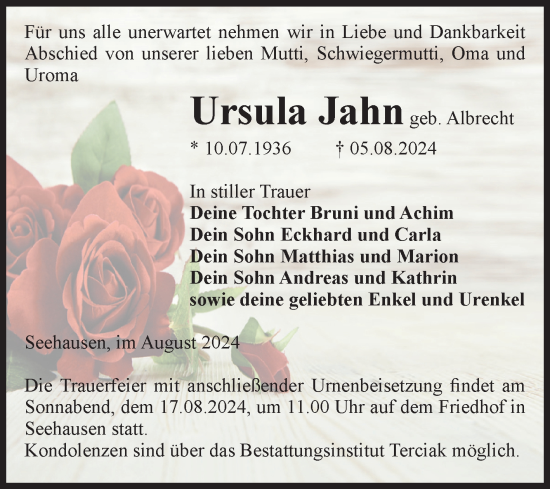 Traueranzeige von Ursula Jahn von Volksstimme Oschersleben/Wanzleben