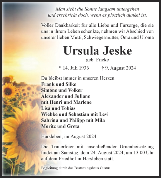 Traueranzeige von Ursula Jeske von Volksstimme Halberstadt