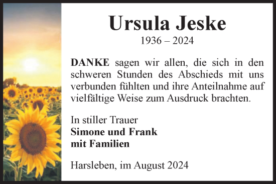 Traueranzeige von Ursula Jeske von Volksstimme Halberstadt
