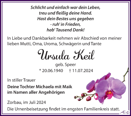 Traueranzeige von Ursula Keil von Trauerkombi Weißenfels