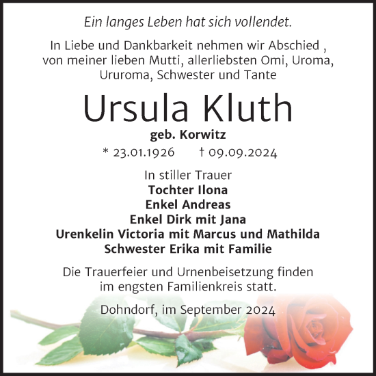 Traueranzeige von Ursula Kluth von Trauerkombi Köthen