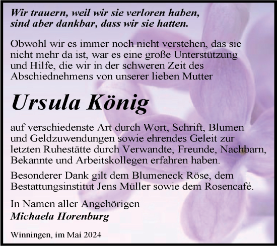 Traueranzeige von Ursula König von Trauerkombi Aschersleben