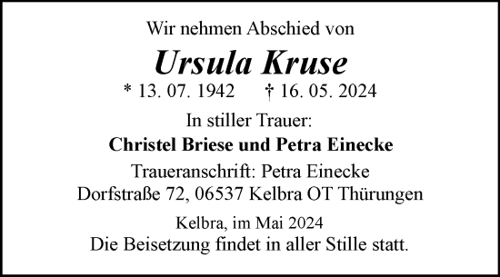 Traueranzeige von Ursula Kruse von Trauerkombi Sangerhausen