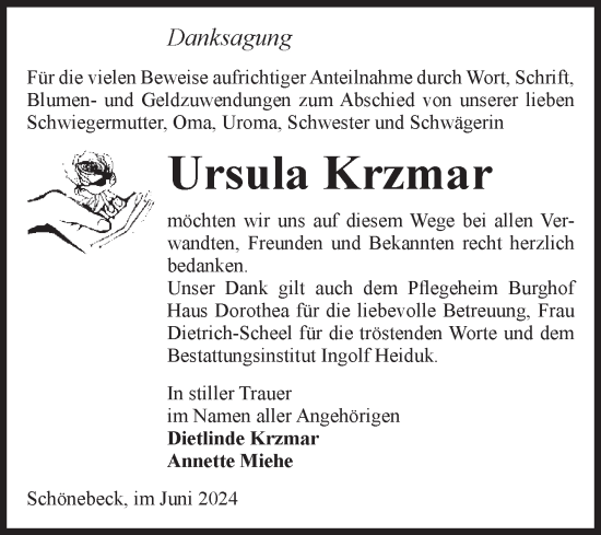 Traueranzeige von Ursula Krzmar von Volksstimme Schönebeck