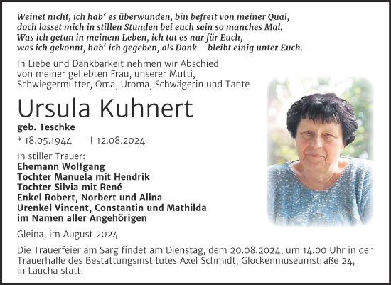 Traueranzeige von Ursula Kuhnert von Naumburger Tageblatt
