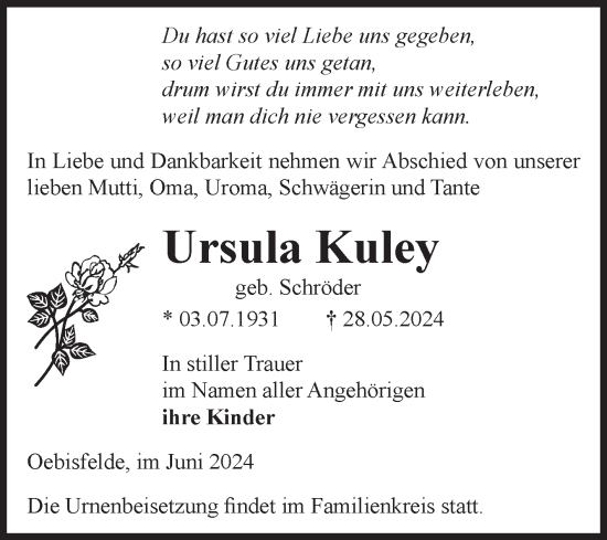 Traueranzeige von Ursula Kuley von Volksstimme Altmark West