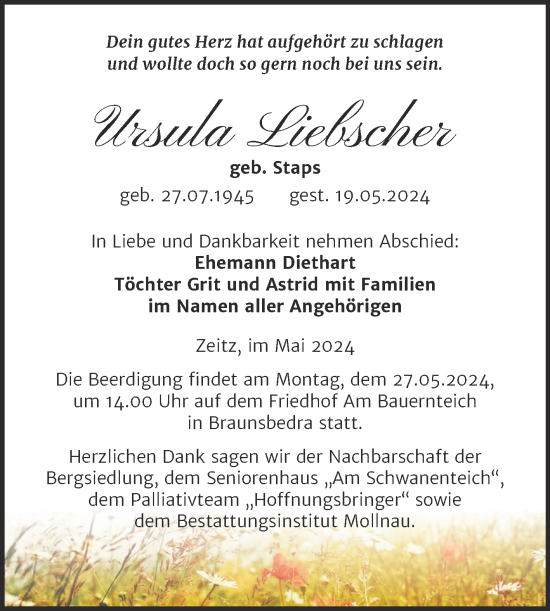 Traueranzeige von Ursula Liebscher von Trauerkombi Zeitz
