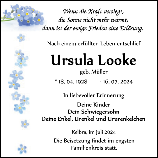 Traueranzeige von Ursula Looke von Trauerkombi Mansfelder Land