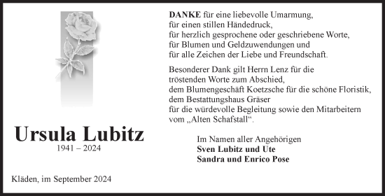 Traueranzeige von Ursula Lubitz von Volksstimme Altmark Ost