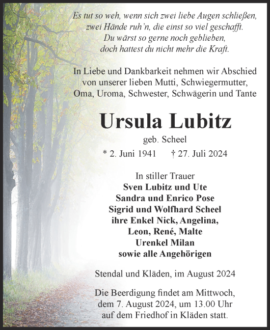 Traueranzeige von Ursula Lubitz von Volksstimme Altmark Ost