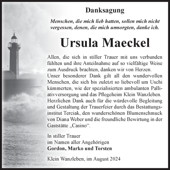 Traueranzeige von Ursula Maeckel von Volksstimme Oschersleben/Wanzleben