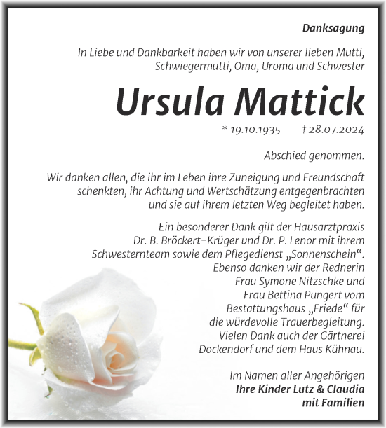 Traueranzeige von Ursula Mattick von Trauerkombi Dessau