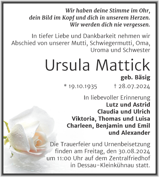Traueranzeige von Ursula Mattick von Trauerkombi Dessau
