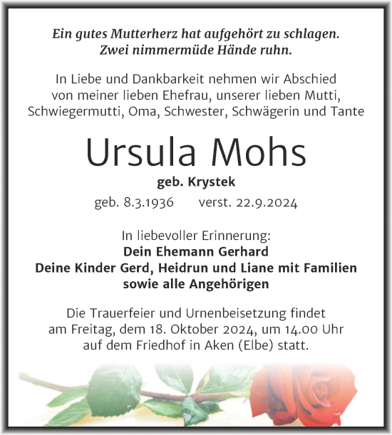 Traueranzeige von Ursula Mohs von Trauerkombi Köthen
