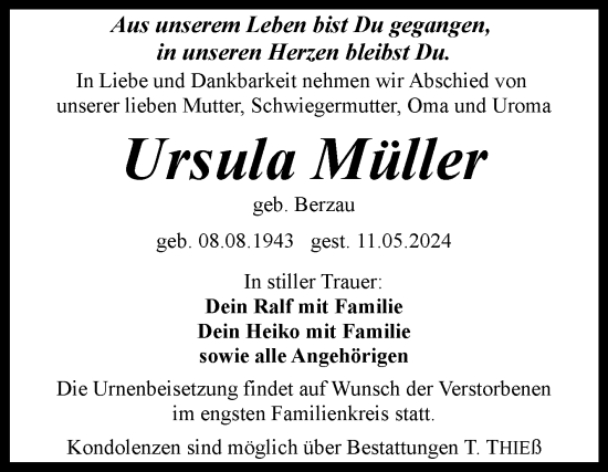 Traueranzeige von Ursula Müller von Volksstimme Wernigerode