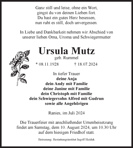 Traueranzeige von Ursula Mutz von Volksstimme Schönebeck
