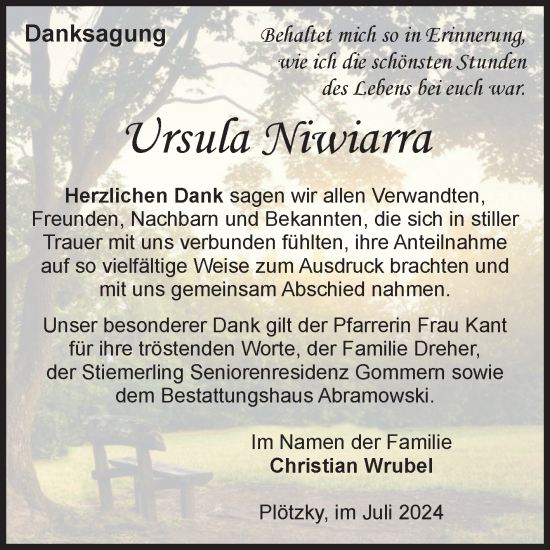 Traueranzeige von Ursula Niwiarra von Volksstimme Schönebeck