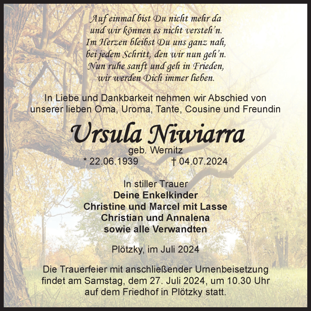 Traueranzeige für Ursula Niwiarra vom 13.07.2024 aus Volksstimme Burg/Genthin