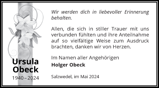 Traueranzeige von Ursula Obeck von Volksstimme Altmark West