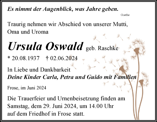 Traueranzeige von Ursula Oswald von Trauerkombi Aschersleben