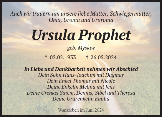 Traueranzeige von Ursula Prophet von Volksstimme Staßfurt