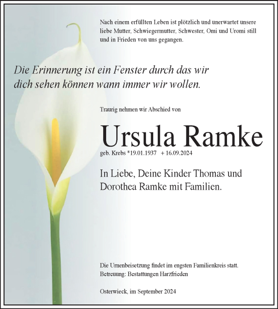 Traueranzeige von Ursula Ramke von Volksstimme Halberstadt