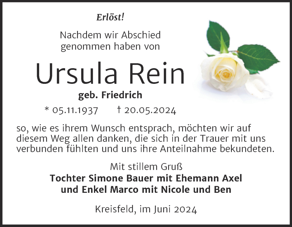 Traueranzeige für Ursula Rein vom 15.06.2024 aus Trauerkombi Mansfelder Land