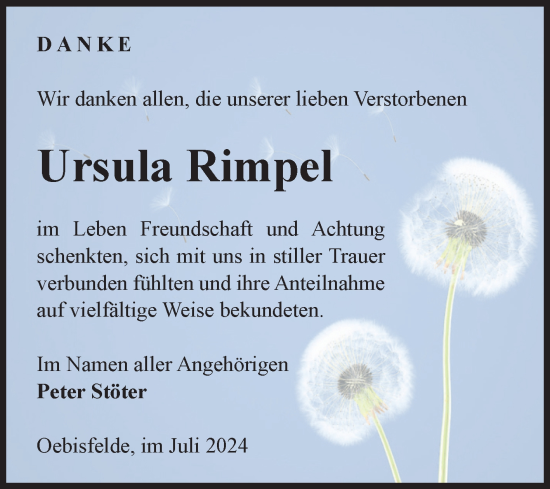 Traueranzeige von Ursula Rimpel von Volksstimme Altmark West