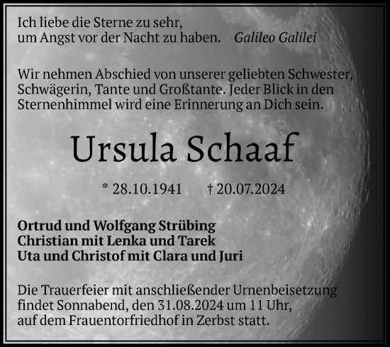 Traueranzeige von Ursula Schaaf von Volksstimme Zerbst