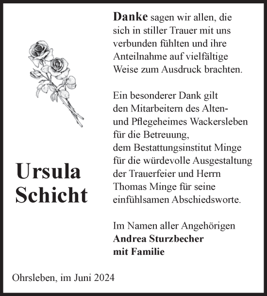 Traueranzeige von Ursula Schicht von Volksstimme Oschersleben/Wanzleben