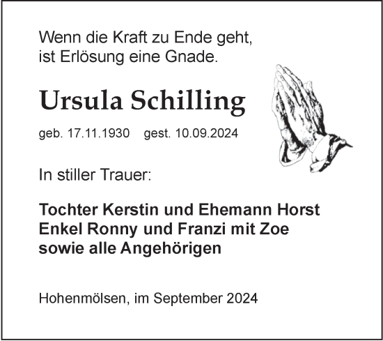 Traueranzeige von Ursula Schilling von Trauerkombi Weißenfels