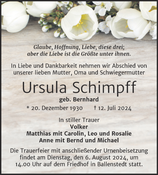 Traueranzeige von Ursula Schimpff von Trauerkombi Quedlinburg