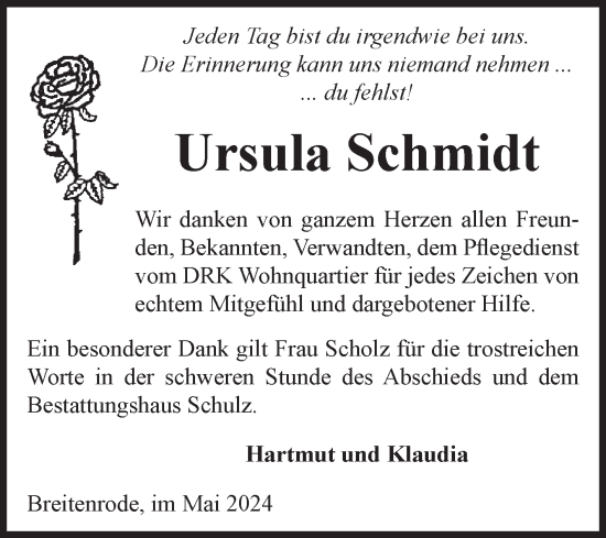 Traueranzeige von Ursula Schmidt von Volksstimme Altmark West