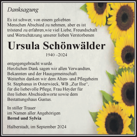 Traueranzeige von Ursula Schönwälder von Volksstimme Halberstadt