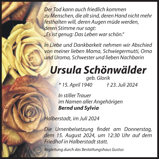 Traueranzeige von Ursula Schönwälder von Volksstimme Halberstadt