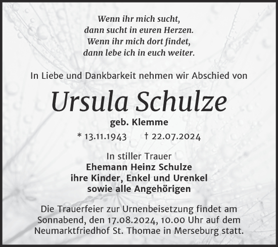 Traueranzeige von Ursula Schulze von Trauerkombi Merseburg