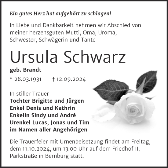 Traueranzeige von Ursula Schwarz von Trauerkombi Bernburg