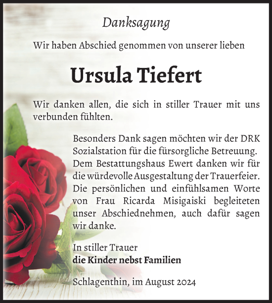 Traueranzeige von Ursula Tiefert von Volksstimme Burg/Genthin