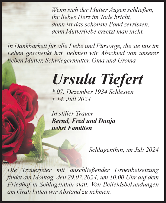 Traueranzeige von Ursula Tiefert von Volksstimme Burg/Genthin