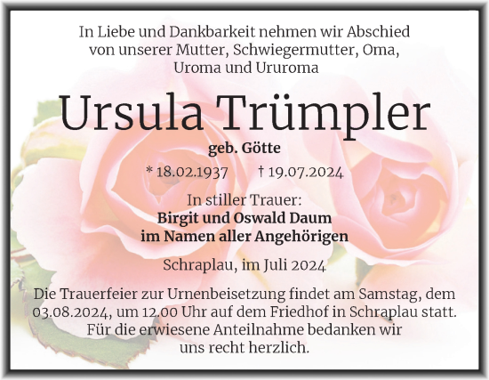 Traueranzeige von Ursula Trümpler von Trauerkombi Merseburg