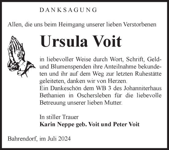Traueranzeige von Ursula Voit von Volksstimme Oschersleben/Wanzleben