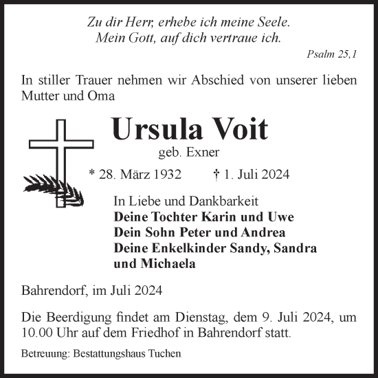 Traueranzeige von Ursula Voit von Volksstimme Oschersleben/Wanzleben
