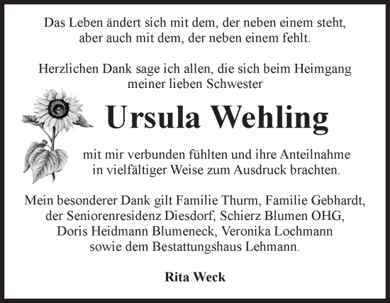 Traueranzeige von Ursula Wehling von Volksstimme Altmark West