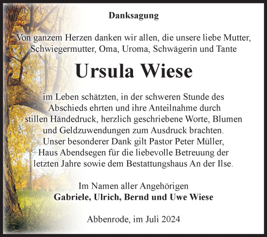 Traueranzeige von Ursula Wiese von Volksstimme Wernigerode