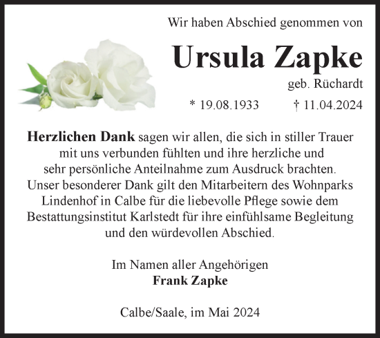 Traueranzeige von Ursula Zapke von Volksstimme Schönebeck