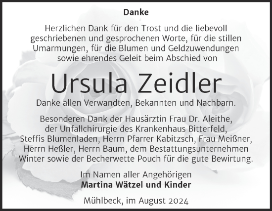 Traueranzeige von Ursula Zeidler von Trauerkombi Bitterfeld