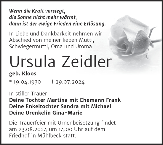 Traueranzeige von Ursula Zeidler von Trauerkombi Bitterfeld