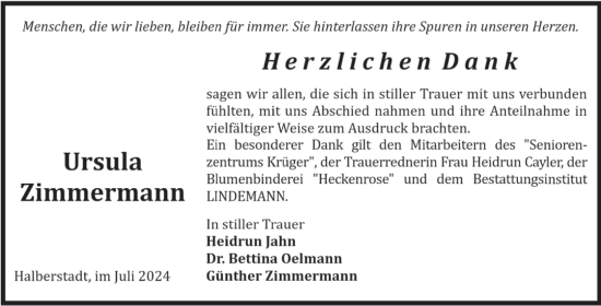 Traueranzeige von Ursula Zimmermann von Volksstimme Halberstadt