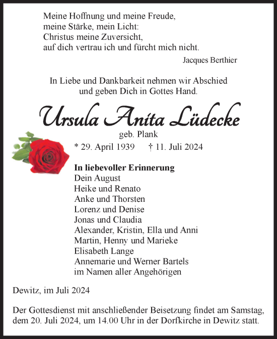 Traueranzeige von Ursula Anita Lüdecke von Volksstimme Altmark Ost